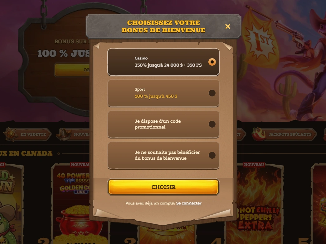 Fenêtre de sélection du bonus de bienvenue avec offre casino, offre sport, code promotionnel et bouton Choisir
